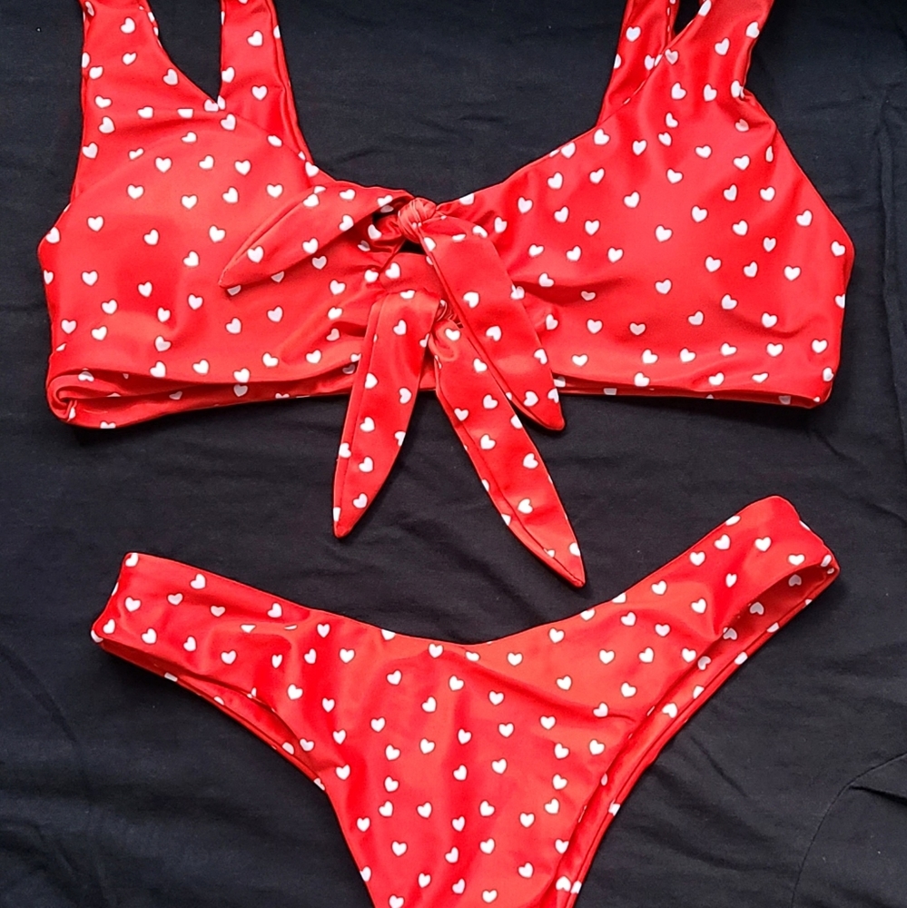 Red Bikini with white hearts print